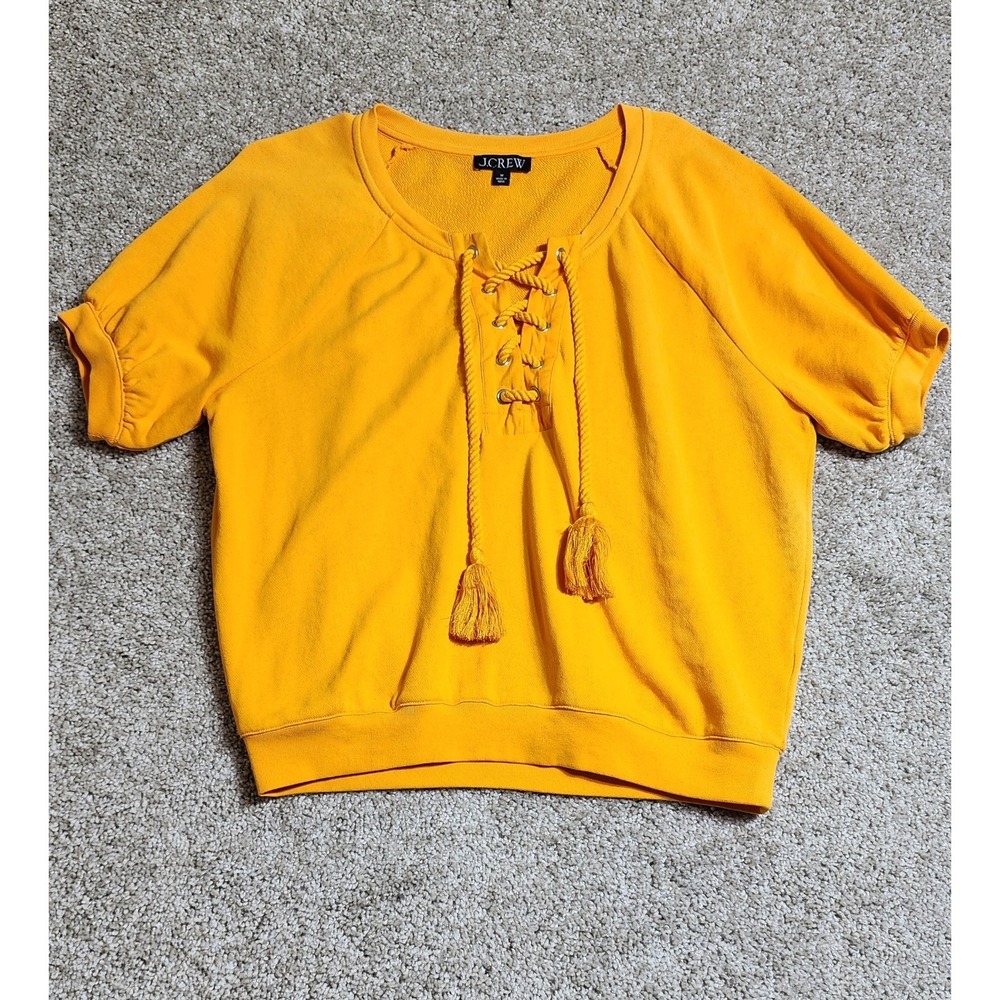 J. Crew Lace-Up Short Sleeve Sweatshirt Top Orange Tassel Boho Casual Medium